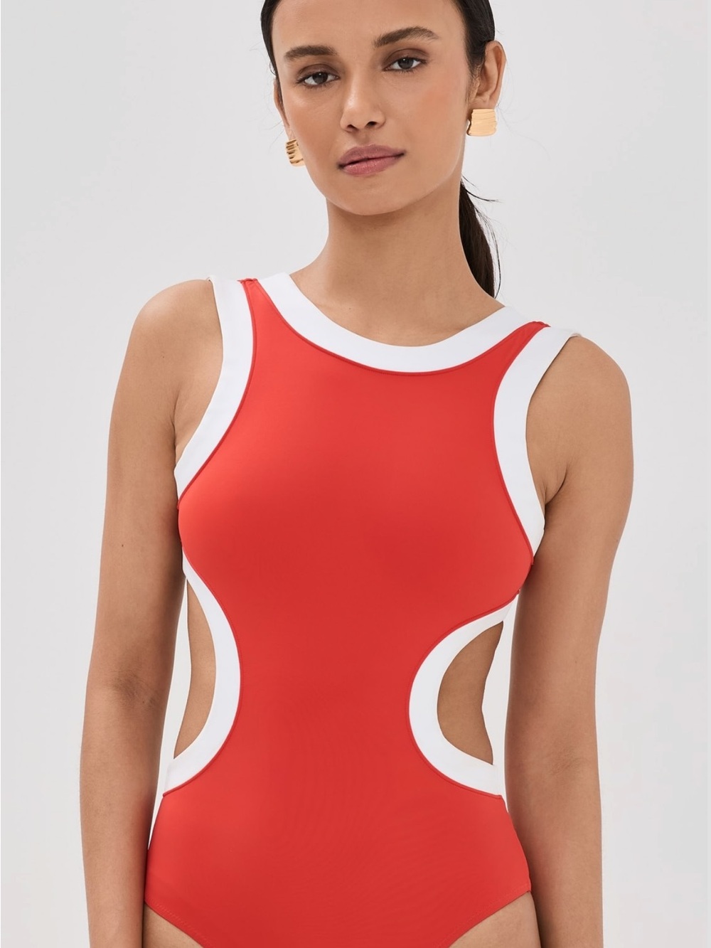 STAUD Red and White Cutout Swim One-Piece